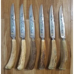 Vintage Solingen Germany Stag Antler Handle Steak Knives Set of 6 Hunting Scene